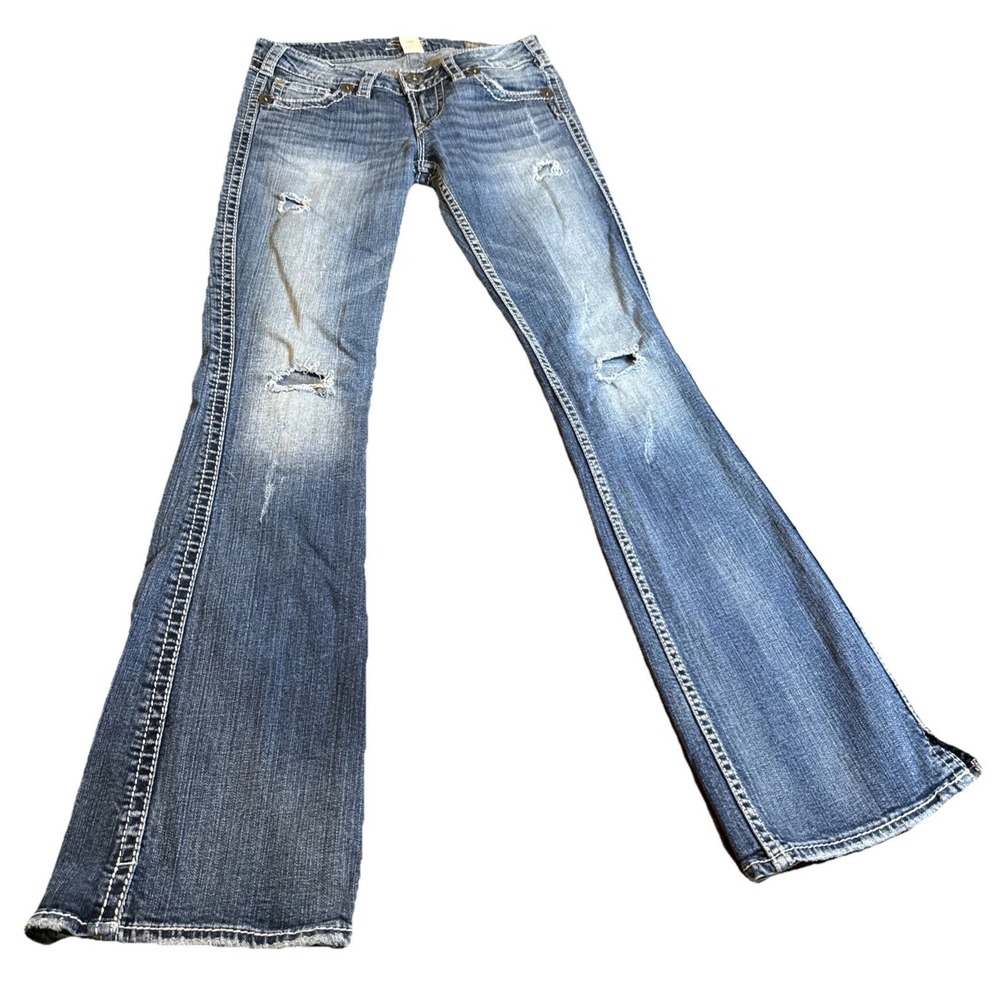 Silver Jeans Co Twisted Bootcut Jeans Womens 26x33‎ Distressed Flare Medium Wash